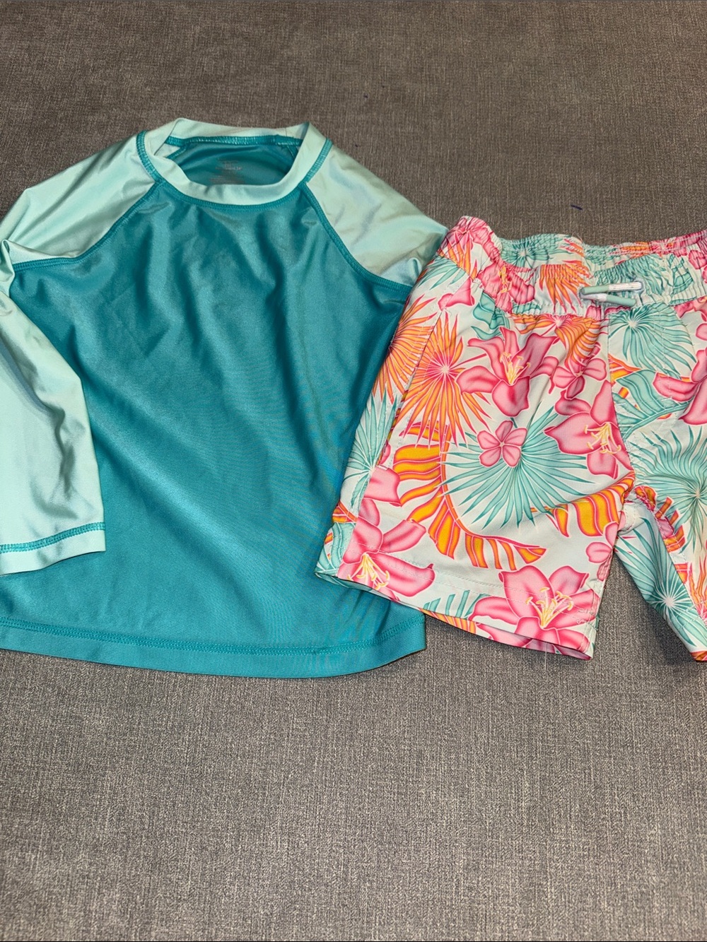 Kids Teal Rash Guard & Tropical Floral Swim Shorts Set